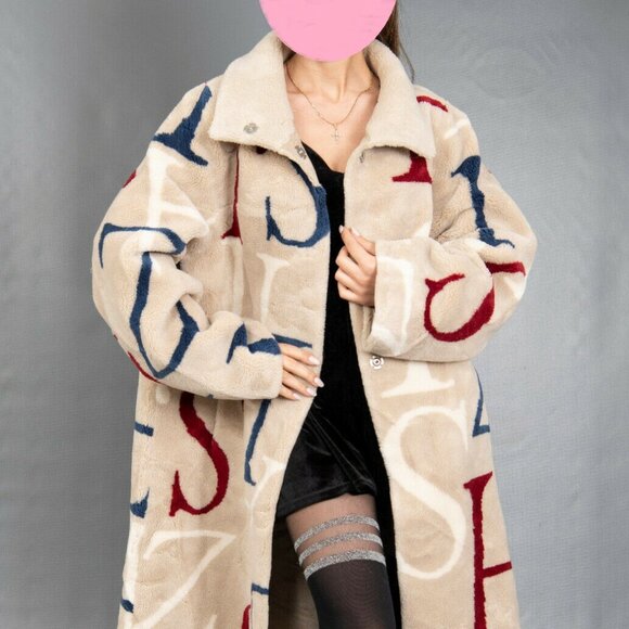 New Unbranded Cocoon Wool Teddy Bear Coat Beige Belted Alphabet Print No Alpaca - Picture 8 of 13